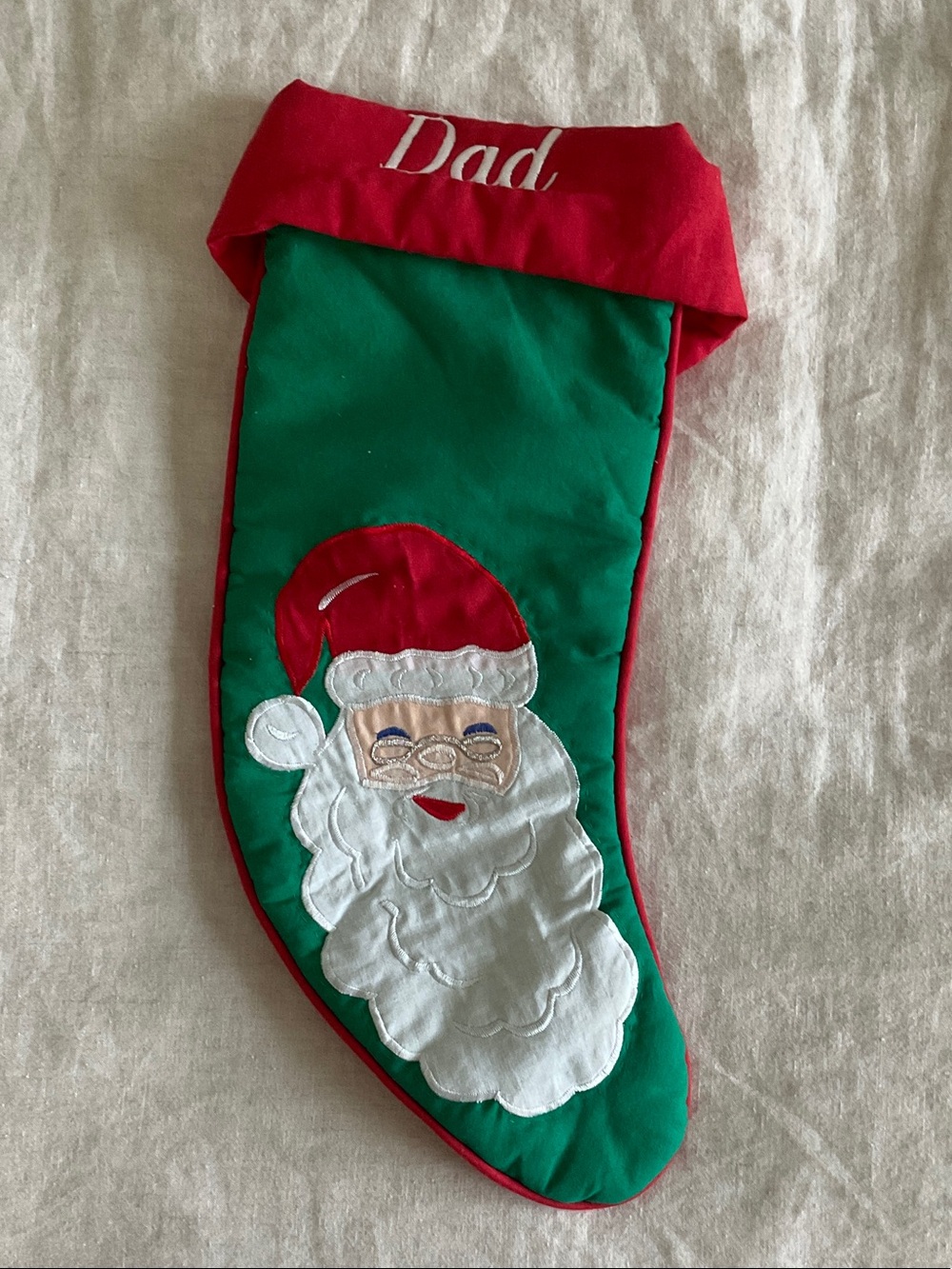 Vintage Eddie Bauer Green and Red 'Dad' Santa Christmas Stocking